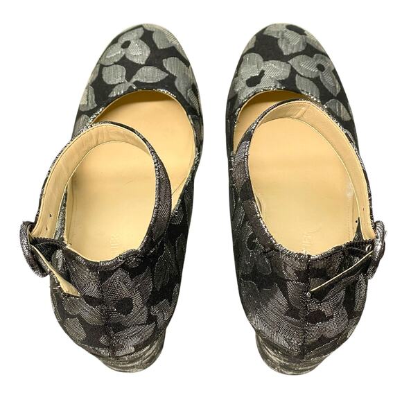 Marc Fisher Black Silver Metallic Block Heels Ankle Strap Flowers Brocade 6 - Picture 7 of 10